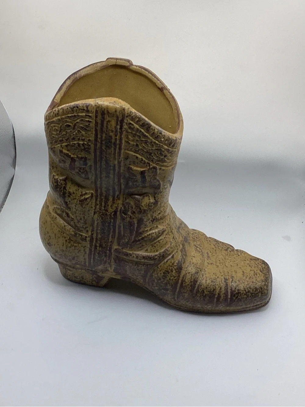 Vintage Clay Cowboy Boot Planter, Brown Glaze Flowers And Butterflies, 6 1/2” - Picture 1 of 4